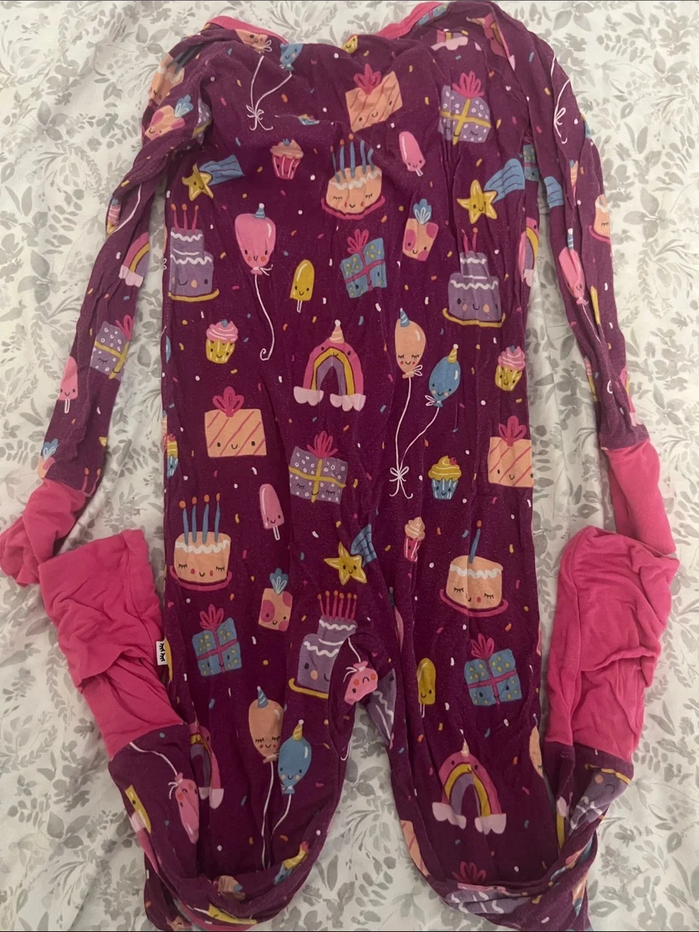 Girls' Pink Purple Birthday Print One-Piece Pajamas